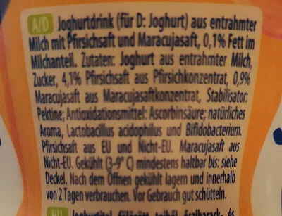 Lista de ingredientes del producto Joghurt Drink Pfirsich-Maracuja Good Milk 500 g