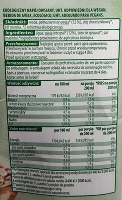 Lista de ingredientes del producto Ekologiczny napój owsiany, UHT. Vege Go 1 l