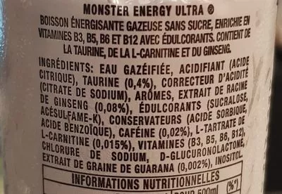 Lista de ingredientes del producto Monster Energy Ultra  