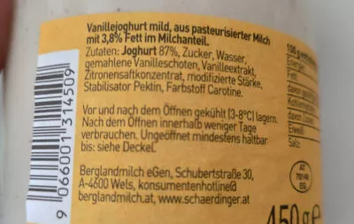 Lista de ingredientes del producto Bergbauern Joghurt Vanille Schärdinger 450g