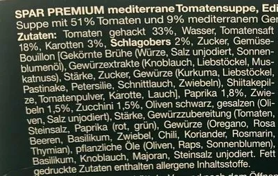 Lista de ingredientes del producto Mediterrane Tomatensuppe Spar Premium 400 ml