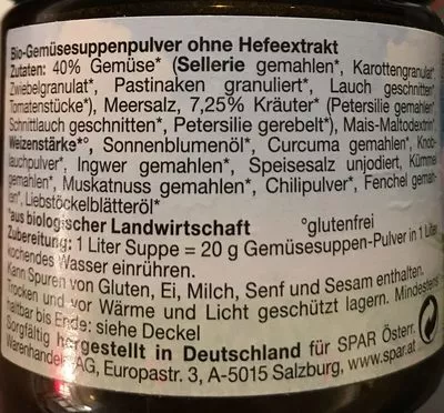 Lista de ingredientes del producto Spar Natur Pur Bio gemüsesuppe Ohne Hefe Spar 