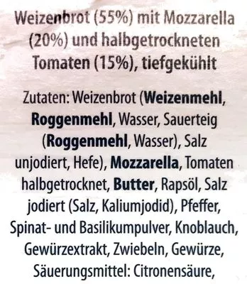 Lista de ingredientes del producto Hüttenbrot - Weizenbrot mit Tomate-Mozzarella Spar 220g