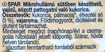 Lista de ingredientes del producto Pattogatni való kukorica - vajízű SPAR 100 g