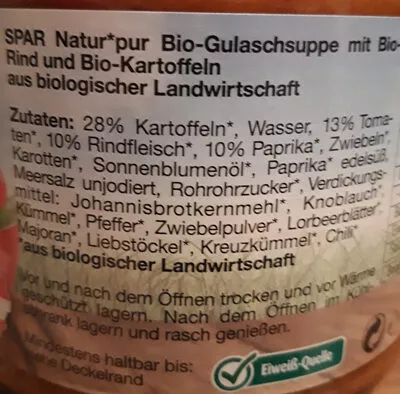 Lista de ingredientes del producto Bio-Gulaschsuppe Spar Natit Pur 350 ml