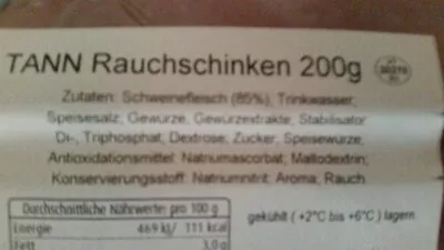 Lista de ingredientes del producto Rauchschinken Tann 200 g