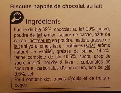 Lista de ingredientes del producto Les sablés nappés chocolat au lait Carrefour 