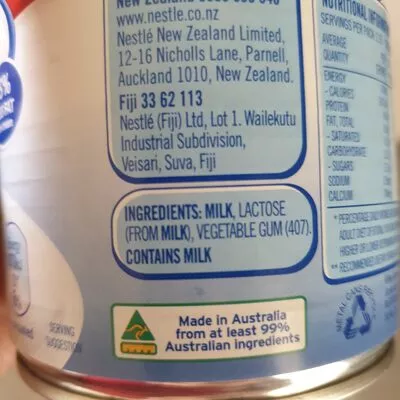 Lista de ingredientes del producto Nestle Carnation Creamy Evaporated Milk Nestlé 375ml