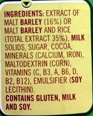 Lista de ingredientes del producto Milo Nestlé, Milo 750g