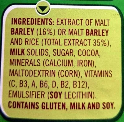 Lista de ingredientes del producto Milo Nestle, Milo 1.25kg