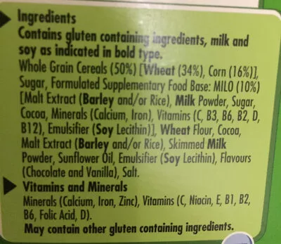 Lista de ingredientes del producto Milo Cereals Nestlé 