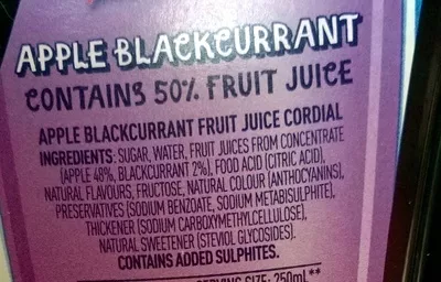 Lista de ingredientes del producto Apple blackcurrent fruit juice cordial Cottee's 1L