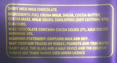 Lista de ingredientes del producto Cadbury Dairy Milk Cadbury 180g