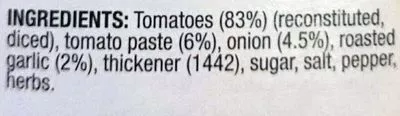 Lista de ingredientes del producto Roasted Garlic with Chunky Tomato & Onion Leggos 500g