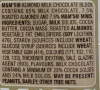 Lista de ingredientes del producto M &M Almond Block 155G / 13 Mars 