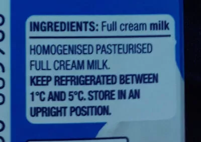 Lista de ingredientes del producto Full Cream Milk Pauls 600 ml