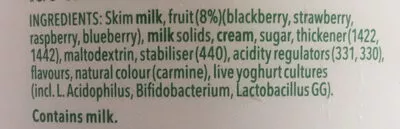 Lista de ingredientes del producto Luscious Berries 3x Probiotics Yoghurt Vaalia 900g