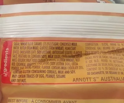 Lista de ingredientes del producto Timtam Chewy Caramel ARNOTTS 175 g