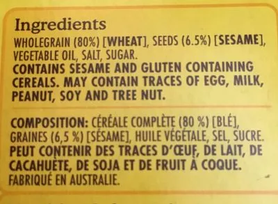 Lista de ingredientes del producto Vitaweat sesame Arnott's 