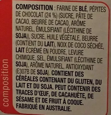 Lista de ingredientes del producto Chocolate chip cookies Arnott's,  Arnotts 