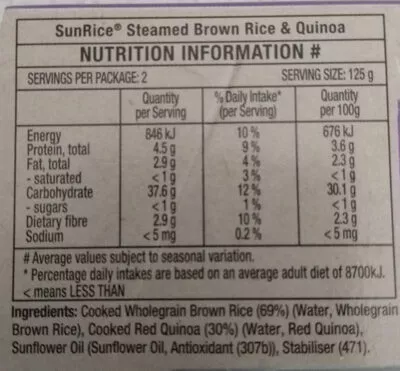 Lista de ingredientes del producto Sun Rice - Brown Rice & Quinoa Sun Rice 250g