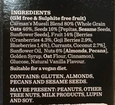 Lista de ingredientes del producto Carman's Super Berry Muesli Bars Carman's 270g