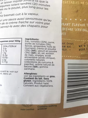 Lista de ingredientes del producto BUTTER CHICKEN SIMMER SAUCE Passage to India, Aldi 375g