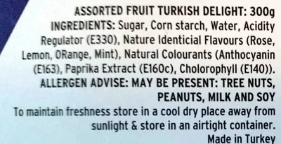 Lista de ingredientes del producto Assorted Fruit Turkish Delight Authentic Turkish Sweets 300g