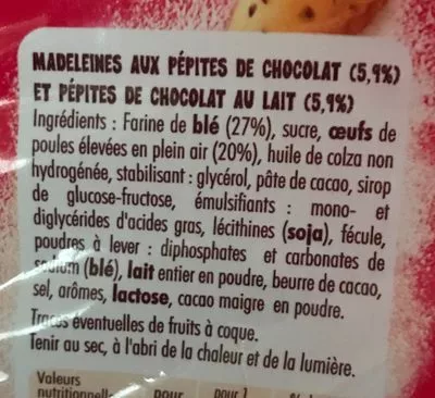 Lista de ingredientes del producto Madeleines, pepites chocolat  