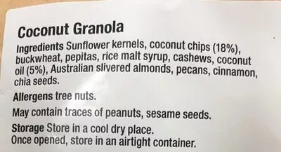 Lista de ingredientes del producto Goodies + Grains Coconut Granola Goodies + Grains 365 g