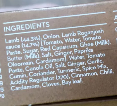 Lista de ingredientes del producto Lamb Rogan Josh Beyond India 350g