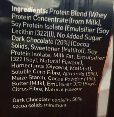 Lista de ingredientes del producto Dark chocolate and almonds protein bar The Bar Counter 40 g