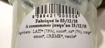 Lista de ingredientes del producto Riz au lait aux agrumes  