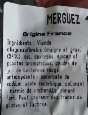 Lista de ingredientes del producto merguez mouton Leclerc François 0,345