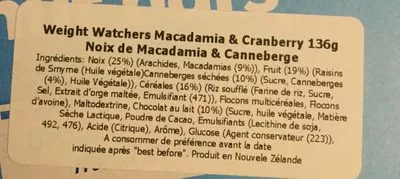 Lista de ingredientes del producto Barres de Céréales Noix Macadamia & Cranberry Weightwatchers 