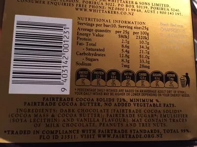 Lista de ingredientes del producto Block 72% Cocoa Dark Ghana Whittakers 250 g