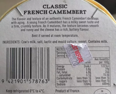 Lista de ingredientes del producto Classic French Camembert Food snob 200g