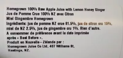 Lista de ingredientes del producto Lemon Honey Ginger Homegrown 1l