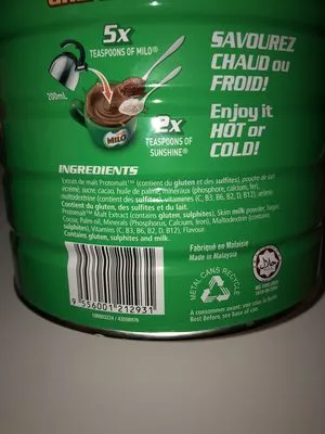 Lista de ingredientes del producto Milo Nestle 