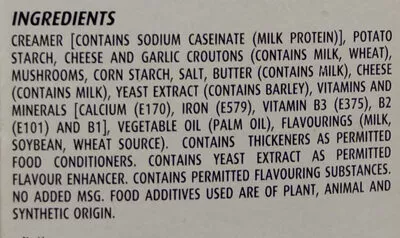 Lista de ingredientes del producto Mushroom, cheese and croutons cream soup Campbell's 163 g