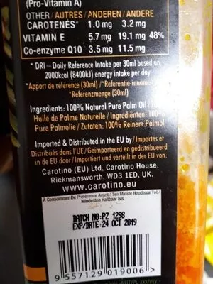 Lista de ingredientes del producto Healtier palm oil (L'huile de palme) Carotino 500 ml