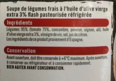 Lista de ingredientes del producto Gazpacho soupe froide préparée avec des légumes frais  