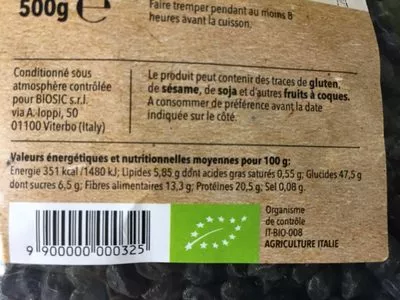 Lista de ingredientes del producto Pois chiches noirs BIOSIC 500g