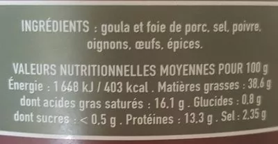 Lista de ingredientes del producto Pâte de campagne  