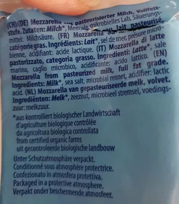 Lista de ingredientes del producto Bio mozzarella  