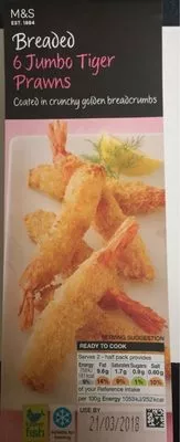 6 Breaded Jumbo Tiger Prawns Marks & Spencer 144 g e, code 00035460