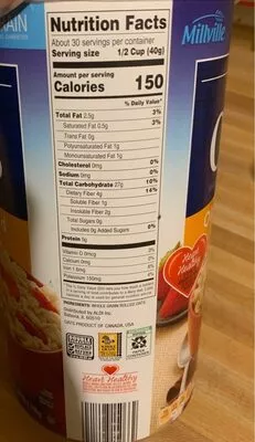 Hearty 100% whole grain old fashioned rolled oats Millville (Aldi), Millville 42oz, code 0041498150662