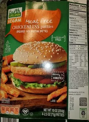 Meat free breaded soy protein chickenless patties Earth grown  vegan 10 oz, code 0041498293949