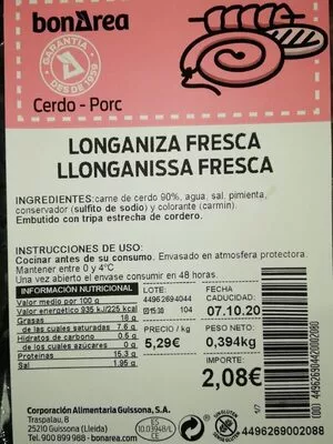 Longaniza fresca bonarea , code 00449626904420002080