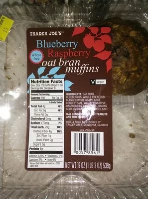 Blueberry Raspberry oat bran muffins Trader Joe's 19 OZ (1 LB 3 OZ) 539g, code 00578561